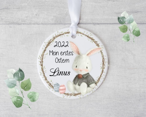 süßer Erinnerungsanhänger Osteranhänger personalisiert, Osterhase, mein erstes Ostern, Keramik, Anhänger Ostern von Lüttentüddel®